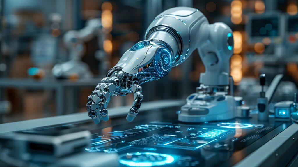 Future robotic arms performing automated medical health care operation for future precision surgical robot and remote control hospital equipment as wide banner design
