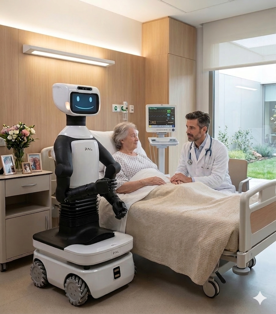 An older female patient laying in the bed of a palliative care facility room. A doctor and an anthropomorphic robot are staying by her side.