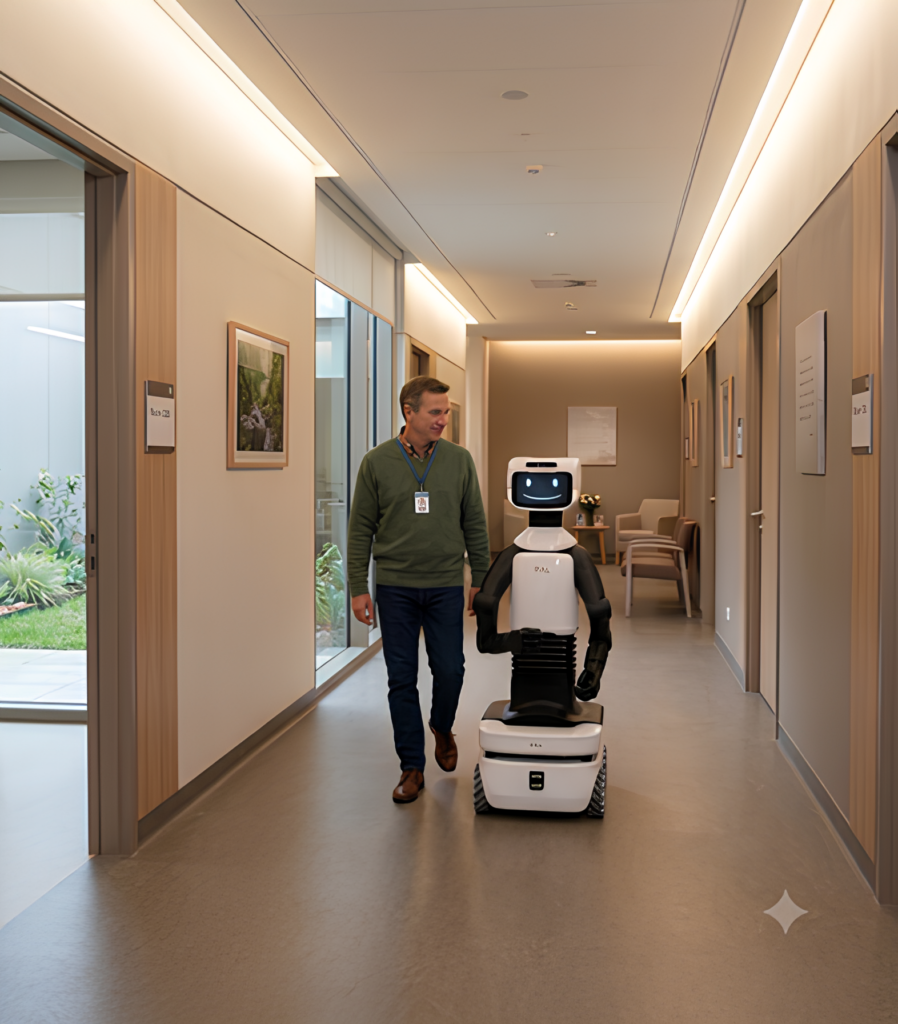 A human caregiver is walking alongside an anthropomorphic robot in the corridor of a palliative care facility.