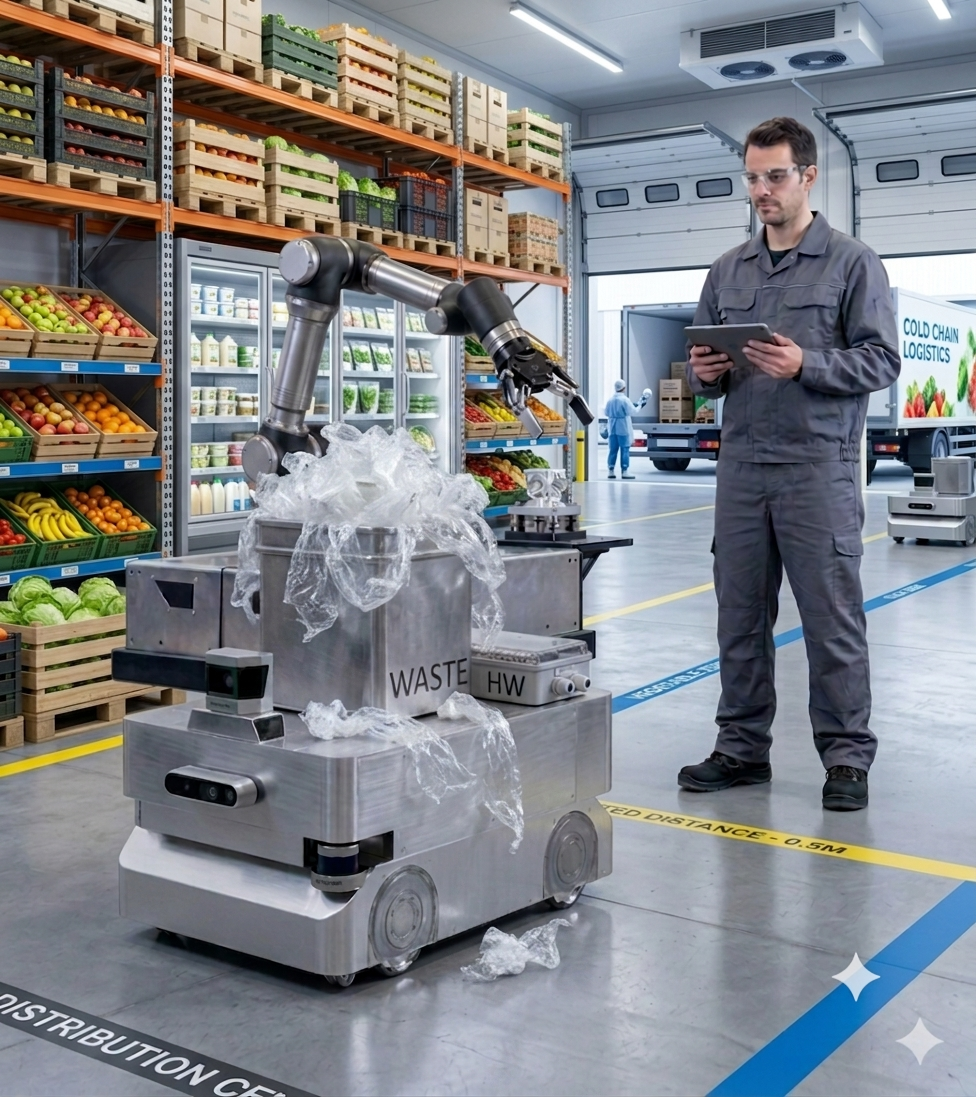 A worker of a distribution center is standing in front of an industrial looking robot giving orders holding a tablet.